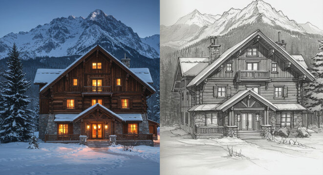Snowy mountain cabin illustration