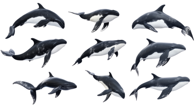 Minke whale swimming in multiple poses with transparent background