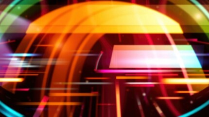 Blurred abstract with orange arcs colorful lines  geometric shapes on a dark backdrop