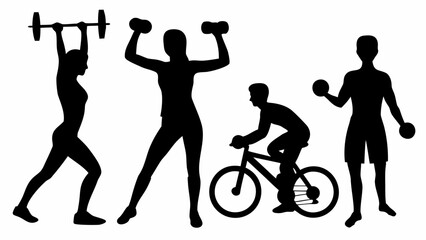 Obraz premium Silhouette illustration of people exercising with weights and riding a bicycle outdoors scene fitness