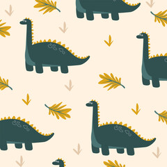 brontosaurus dinosaur vector seamless pattern cartoon design for kids apparel fullprint fabric