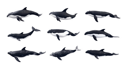 Nine hourglass dolphins swimming in different poses with transparent background
