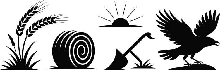 Rural farming harvest scene with crow grain and hay silhouette