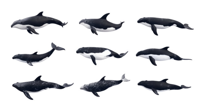 Nine hourglass dolphins swimming in different poses with transparent background - Powered by Adobe