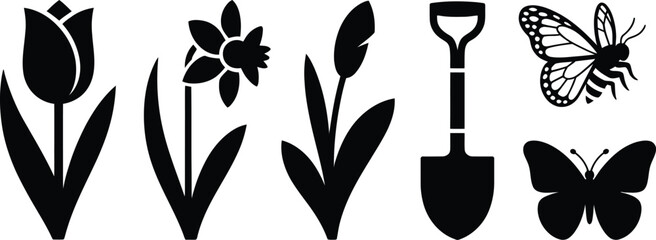 Collection of flower garden and butterfly icons in a distinctive silhouette style