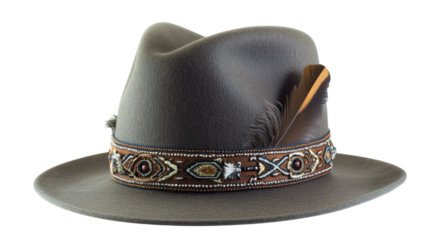 Elegant gray fedora hat with embroidered native american style band and feather on transparent background
