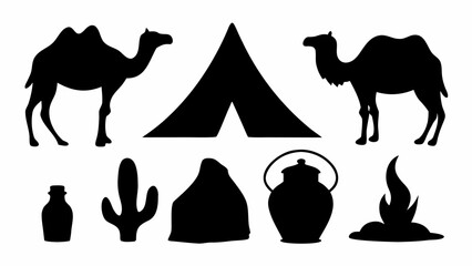 Illustration of desert camping scene with camels tent cactus fire and cooking pot in black silhouette