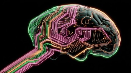 Digital brain with glowing circuit patterns.