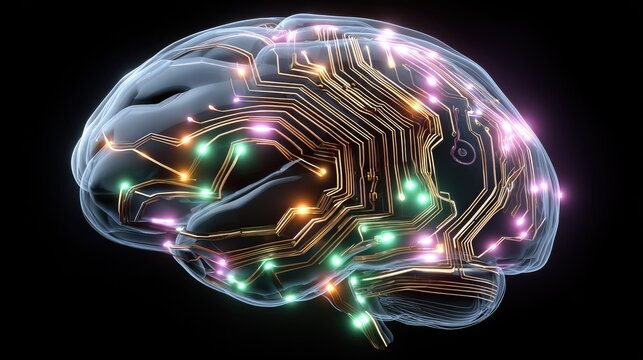 A three-dimensional model of a brain, rendered with illuminated circuit board pathways. - Powered by Adobe