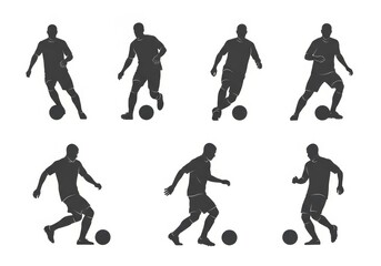 Collection of silhouettes of soccer players in action kicking and dribbling the ball on white background
