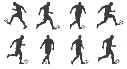 Silhouettes of soccer players in various action poses demonstrating kicking and dribbling the ball