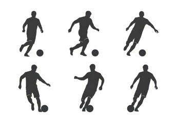 Collection of six dynamic black silhouettes of soccer players in action dribbling a ball on a white background