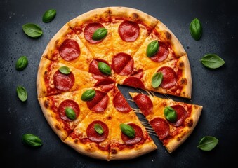 Deliciously crafted pepperoni pizza with fresh basil leaves scattered around on a dark textured background