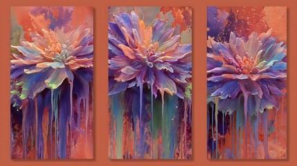 Vibrant abstract floral triptych with dripping paint effect