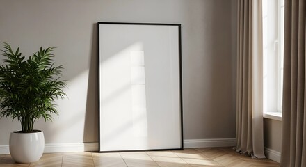 Vertical frame mockup standing on wooden floor in living room interior with potted plant, 3d renderin