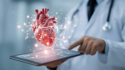 Doctor using tablet with holographic heart and ekg display for medical analysis and diagnosis
