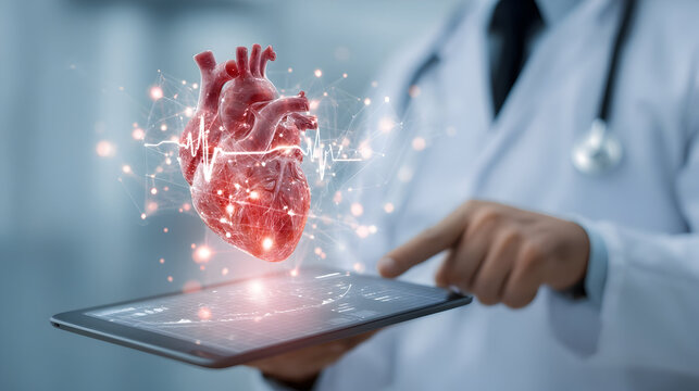 Doctor using tablet with holographic heart and ekg display for medical analysis and diagnosis