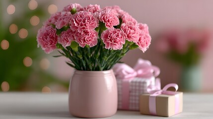 Fototapeta premium Pink carnation bouquet in ceramic vase with pastel gift boxes, festive decoration for holiday, birthday, wedding, and romantic celebration background.