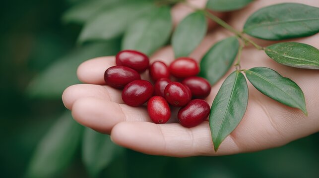 A person's hand gently cradles a collection of vibrant red berries and a leafy branch against a backdrop of lush greenery. The image is bursting with natural beauty and visual interest. - Powered by Adobe