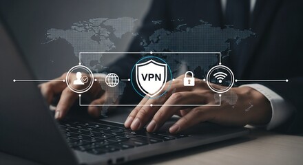 Man hands typing on laptop with virtual VPN shield icon, representing internet security, privacy protection, anonymous browsing, secure network connection, and cyber safety.	
