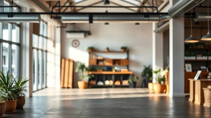 Blurry interior with plants desk and windows under a ceiling with ducts and skylights