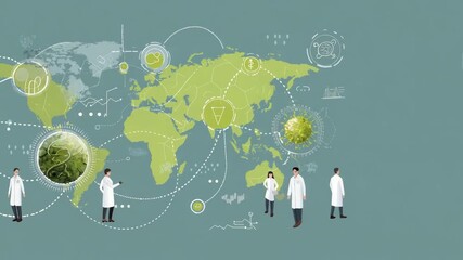 A group of people are standing in front of a map of the world. The map is green and has a lot of different shapes. infographic of global biosecurity protocols, minimal clean style - Powered by Adobe