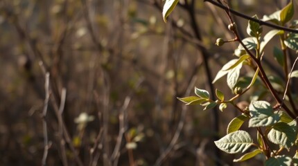 Obraz premium Branches with new leaves on the right blurry brown branches fill the left background