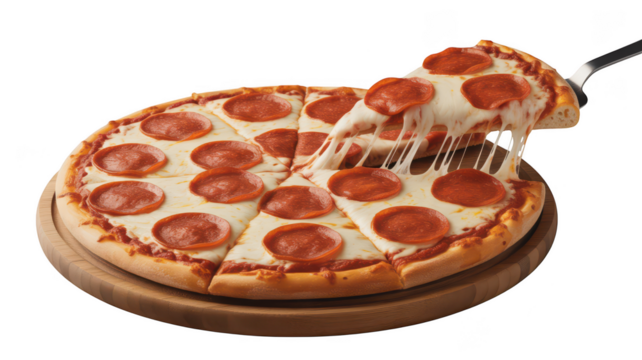 Delicious pepperoni pizza slice being lifted with stretched cheese isolated on transparent background