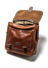 Open Brown Leather Messenger Bag with Wallet.