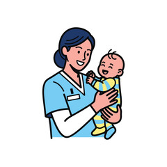 A caring nurse holding a happy baby, , showcasing the bond between caregiver and child in a medical setting