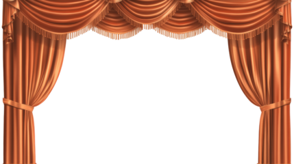Elegant orange stage curtains opening on transparent background