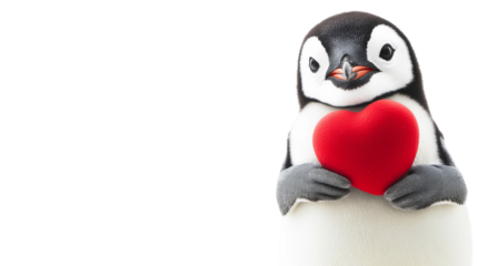 Cute penguin holding red heart on transparent background