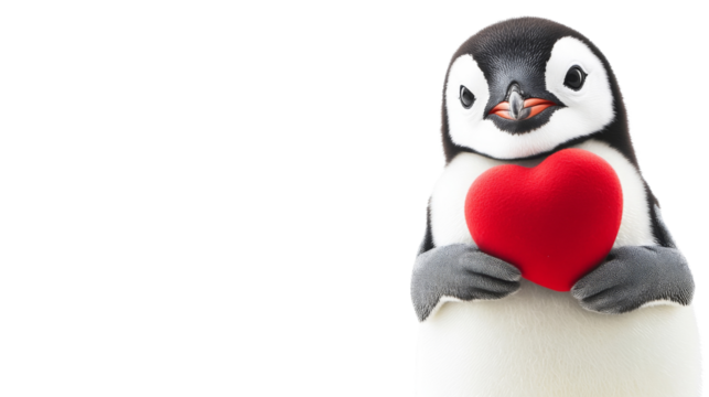 Cute penguin holding red heart on transparent background
