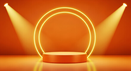 Podium stage with spot lights background - orange podium with a glowing neon circle and spotlights, perfect for product display or performance