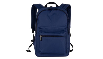 Fototapeta premium Front View of a Sleek Navy Blue Backpack with Black Straps on a White Background