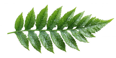 A single vibrant green fern frond with delicate serrated edges and intricate leaf patterns isolated on transparent background