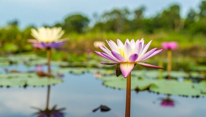 Vibrant lotus blossoms in a tranquil pond
