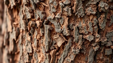 Closeup of deeply furrowed tree bark revealing intricate textures and varied brown  grey tones