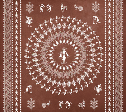 3D illustration of Indian tribal painting warli art on abstract texture background, interior decoration wallpaper 