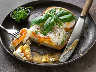 bruschetta with cottage cheese, poached egg and basil