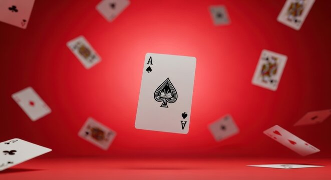 An ace of spades card floats in the air, with playing cards falling around it on a red background, for gambling concept.