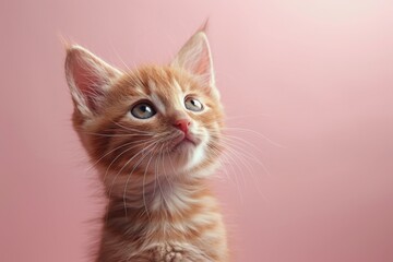 A ginger kitten looking up against a pink background cute