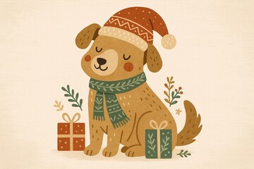 A cheerful cartoon-style illustration of a smiling dog wearing a festive Santa hat and patterned green scarf, surrounded by holiday presents and winter foliage. 