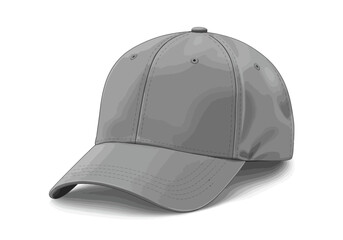 Gray baseball cap with stitched seams rounded brim and a top button casting a subtle shadow on a white surface