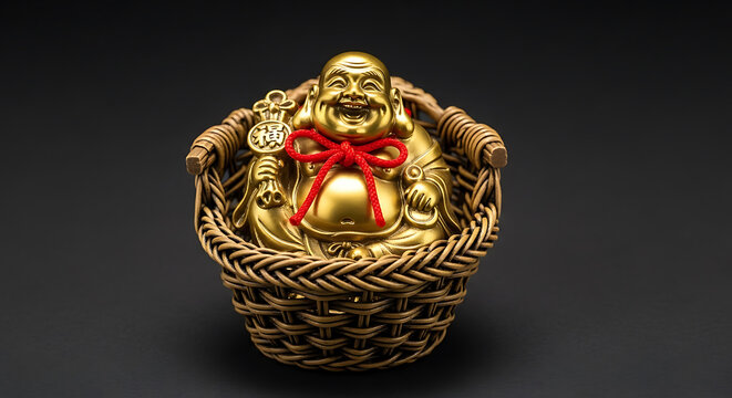 Golden laughing buddha statue in woven basket with red ribbon, symbol of fortune, wealth, and prosperity