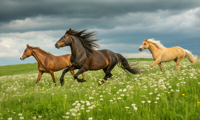 Three horses gallop freely through a lush green field dotted with white flowers. A dark brown horse leads the group, followed closely by a chestnut horse and a light-colored horse. The sky above is ov