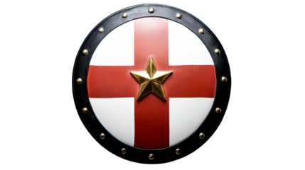 Round Shield with Gold Star Emblem and Red Cross Design, cut out transparent