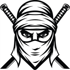 Fototapeta premium Masked ninja's intense stare is accentuated by crossed swords in a monochrome artwork