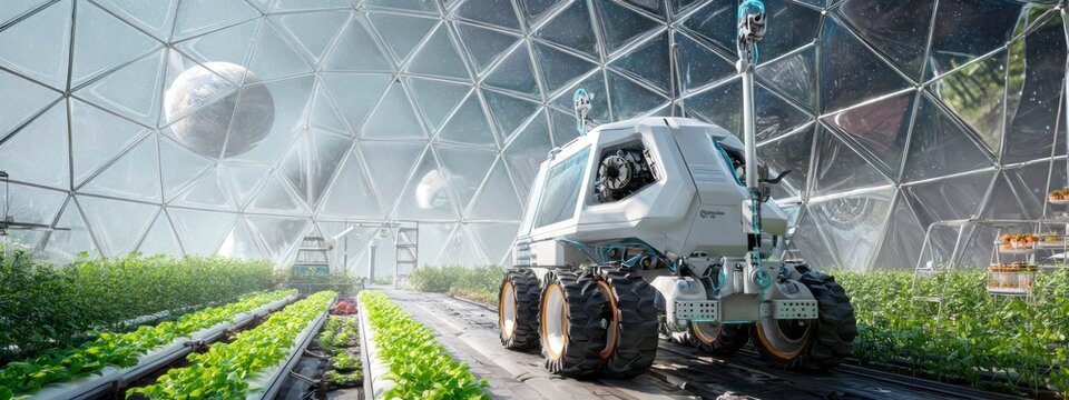 autonomous tractor equipped with advanced sensors tending to crops inside a large transparent geodesic biodome, mood of innovation, efficiency, and sustainable space agriculture. banner 