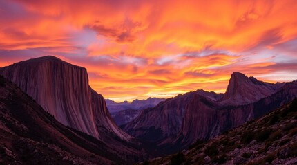 Dramatic sunset over a valley showcasing towering rock formations and colorful streaked clouds